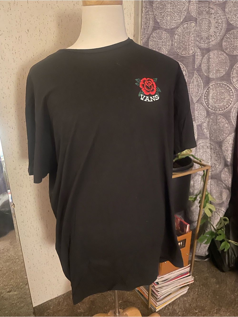 Vans Black Tee with Red Rose Chest Graphic